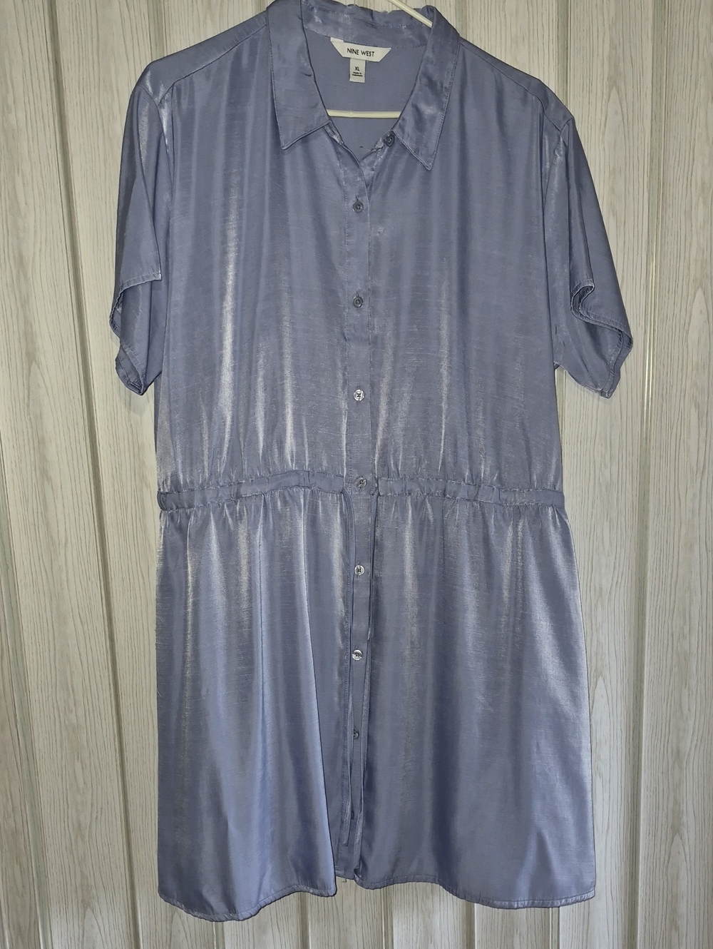 Nine West Slate Blue Button-Front Short-Sleeve Drawstring Dress